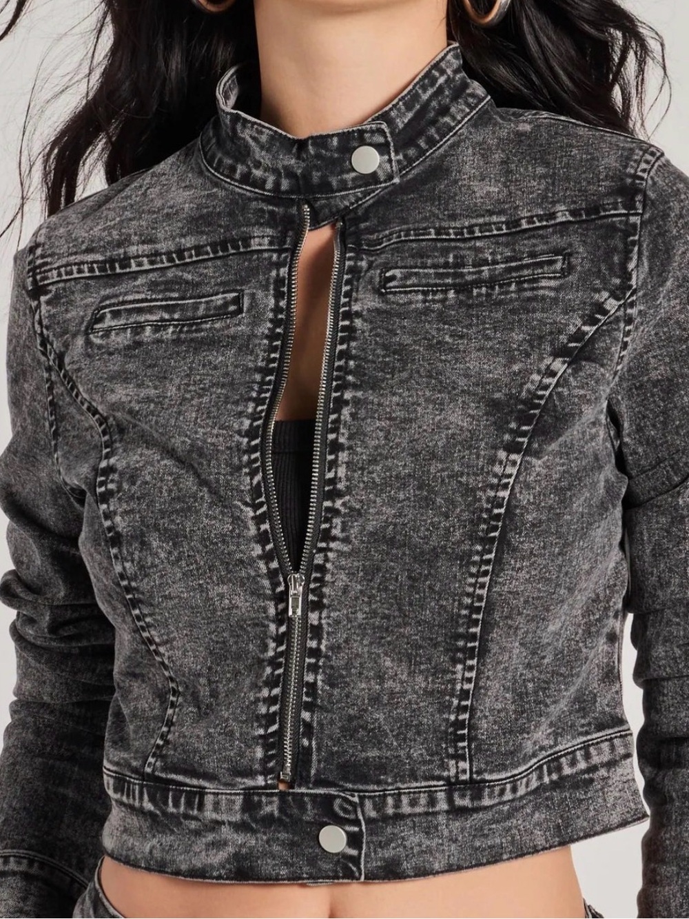 Windsor Edgy Arrival Moto Acid Wash Denim Cropped Jacket Black S Fits XS - Picture 3 of 12